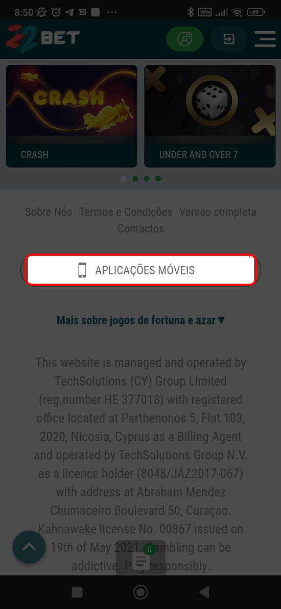 Encontre o botão na secção de aplicações móveis e clique em Android para descarregar 22bet apk. Paso 2
