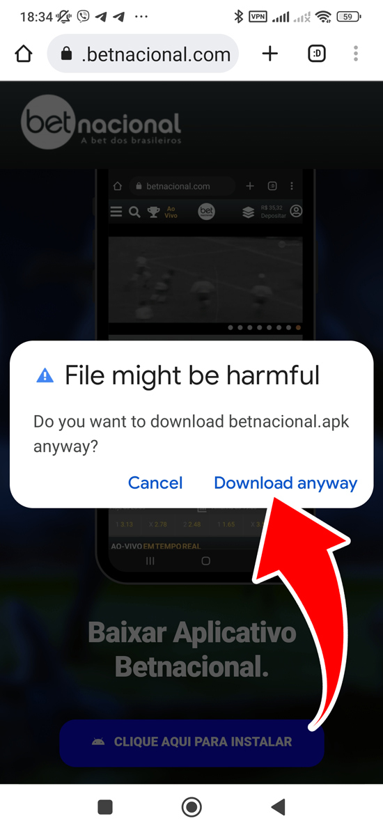 Passo 3 instalar a aplicação Betnacional