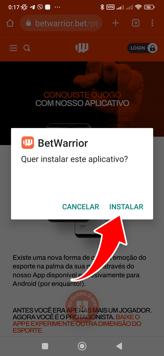 Passo 3 instalar a aplicação Betwarrior