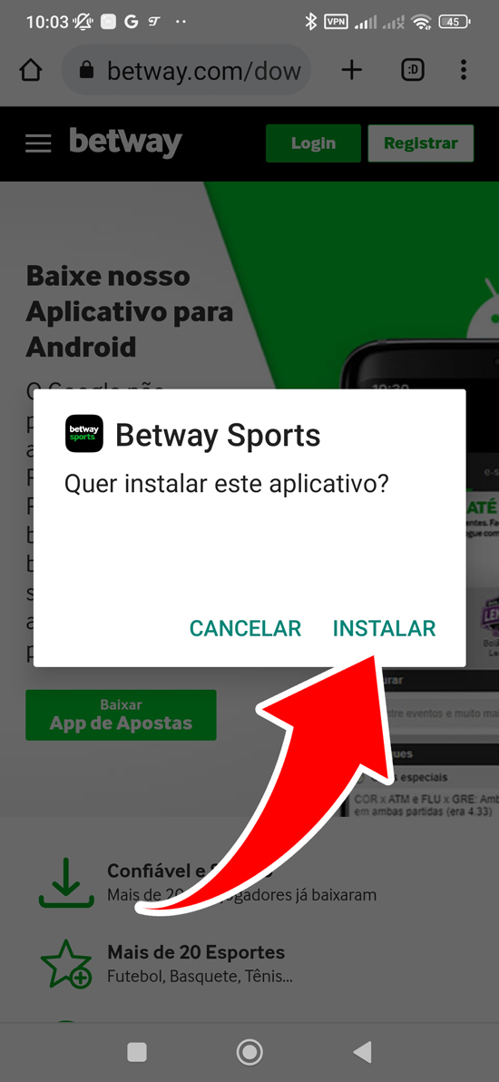 Passo 5 para baixar o aplicativo Betway Brasil