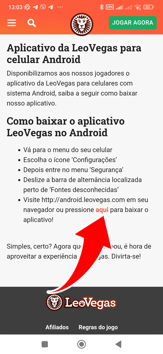 Passo 2 para baixar o aplicativo LeoVegas Brasil