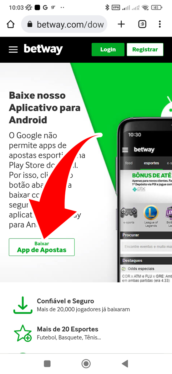Passo 3 para baixar o aplicativo Betway Brasil