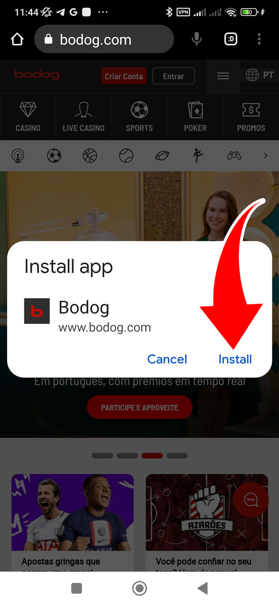 Passo 3 para baixar o aplicativo Bodog Brasil
