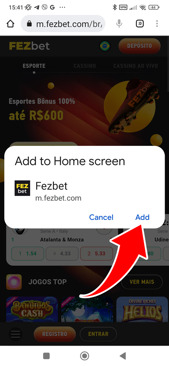 Passo 4 para baixar o aplicativo FEZbet Brasil