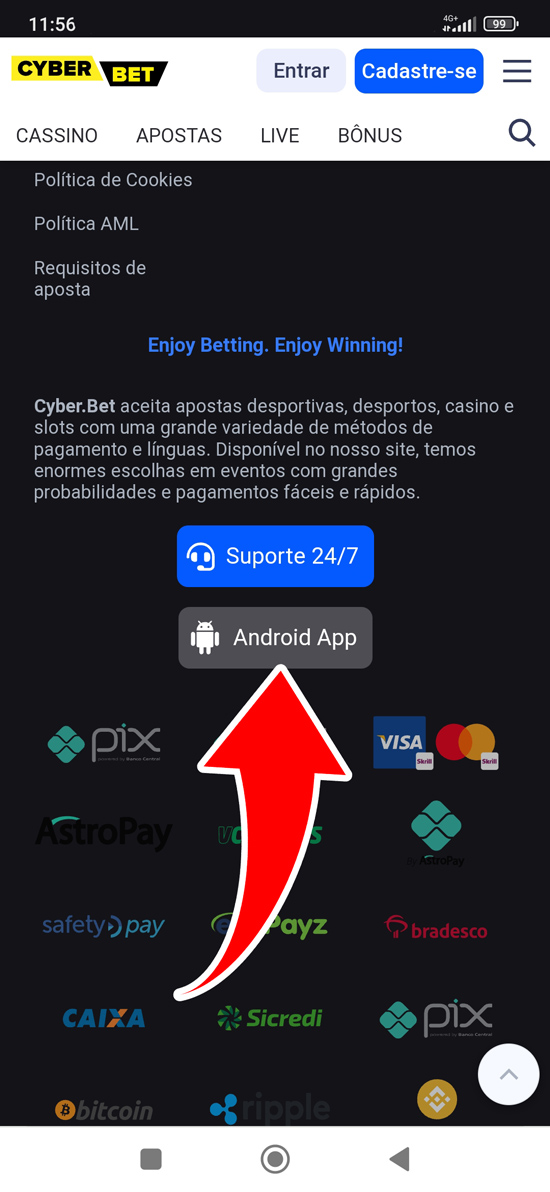 Passo 2 para baixar o aplicativo Cyber bet Brasil