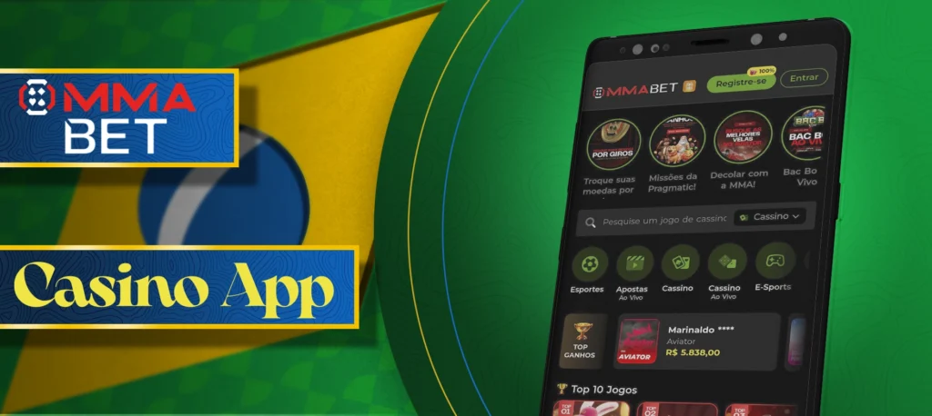 Todos os jogos de casino, slots e cartas em uma aplicação móvel MMABet no Brasil
